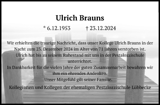 Traueranzeige von Ulrich Brauns von Neue Westfälische