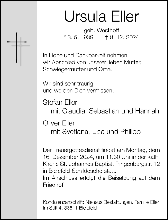 Traueranzeige von Ursula Eller von Neue Westfälische