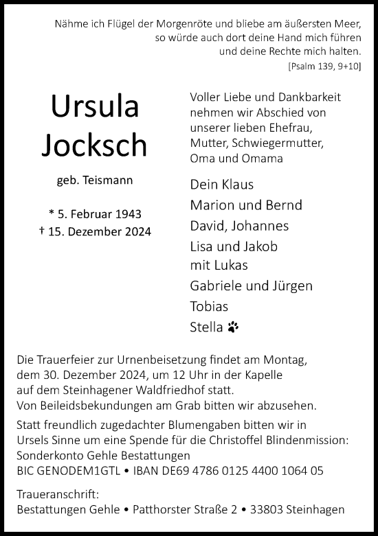 Traueranzeige von Ursula Jocksch von Neue Westfälische