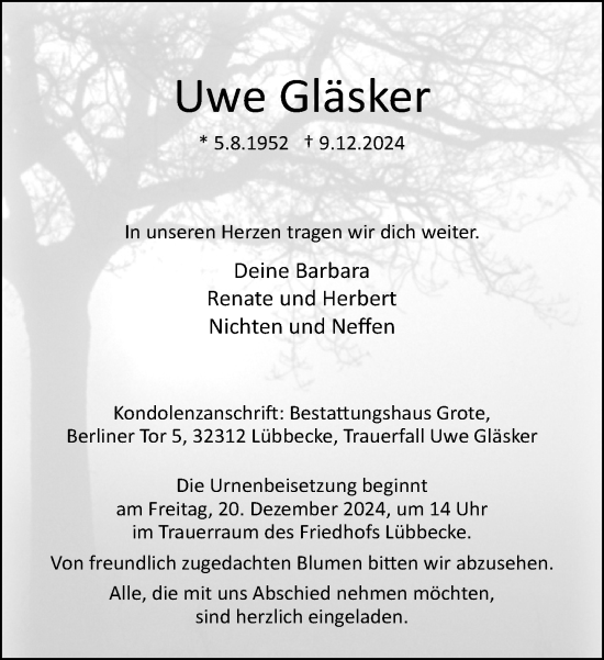 Traueranzeige von Uwe Gläsker von Neue Westfälische