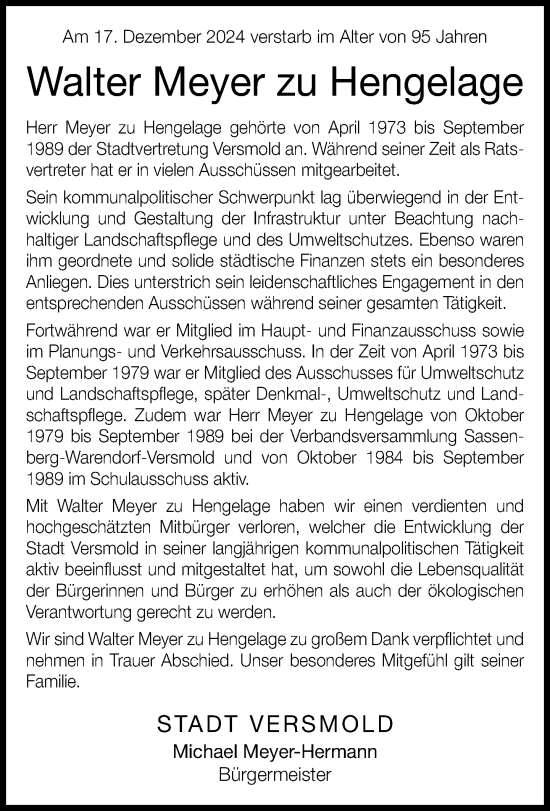 Traueranzeige von Walter  Meyer zu Hengelage von Neue Westfälische