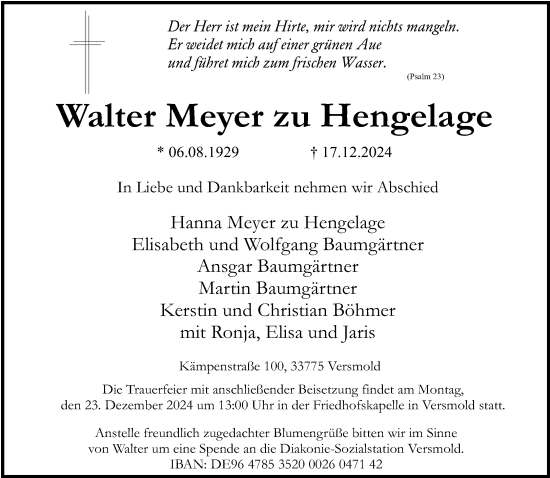 Traueranzeige von Walter  Meyer zu Hengelage von Neue Westfälische