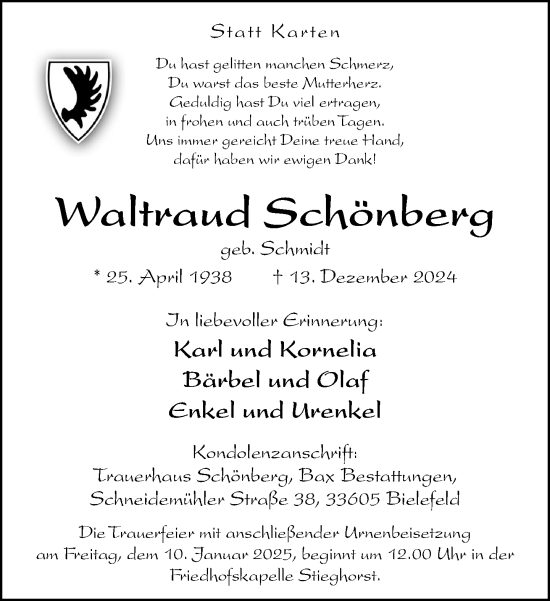 Traueranzeige von Waltraud Schönberg von Neue Westfälische