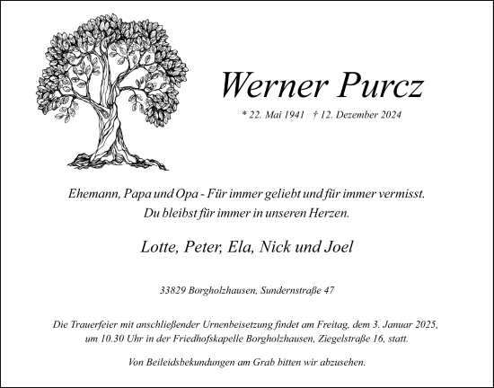 Traueranzeige von Werner Purcz von Neue Westfälische