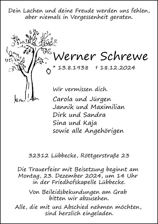 Traueranzeige von Werner Schrewe von Neue Westfälische