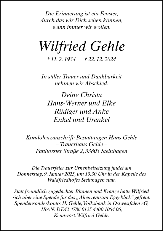 Traueranzeige von Wilfried Gehle von Neue Westfälische