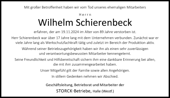 Traueranzeige von Wilhelm Schierenbeck von Neue Westfälische