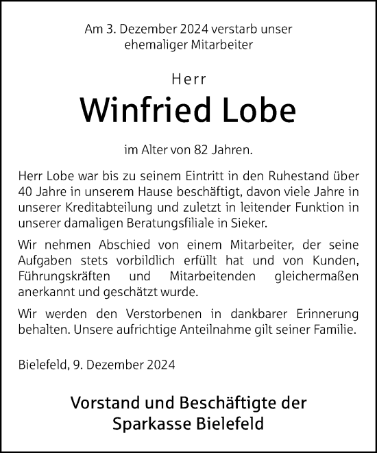 Traueranzeige von Winfried Lobe von Neue Westfälische