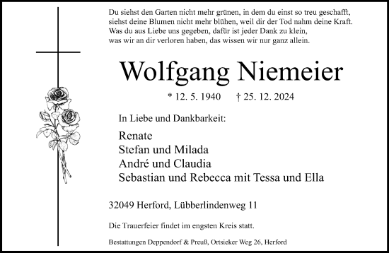 Traueranzeige von Wolfgang Niemeier von Neue Westfälische