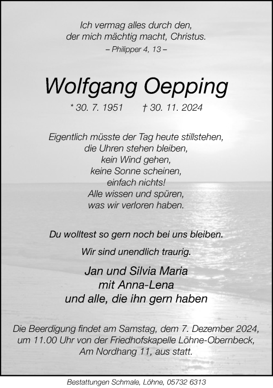 Traueranzeige von Wolfgang Oepping von Neue Westfälische