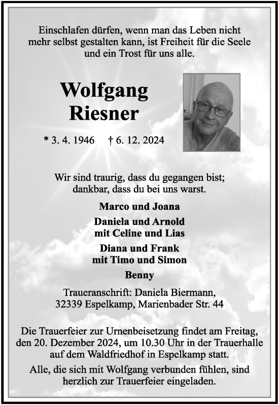 Traueranzeige von Wolfgang Riesner von Neue Westfälische