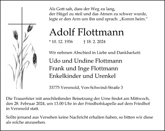 Traueranzeige von Adolf Flottmann von Neue Westfälische