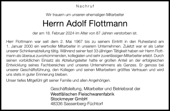 Traueranzeige von Adolf Flottmann von Neue Westfälische