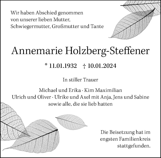 Traueranzeige von Annemarie Holzberg-Steffener von Neue Westfälische