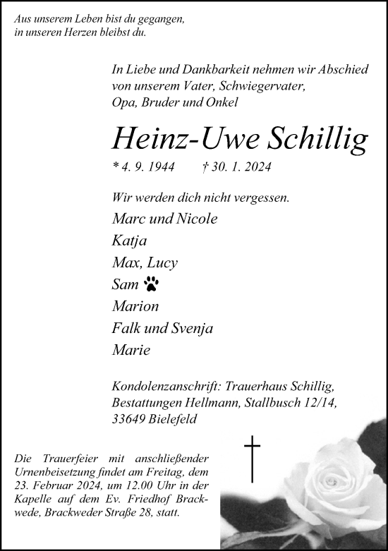 Traueranzeige von Heinz-Uwe Schillig von NEUE WESTFÄLISCHE