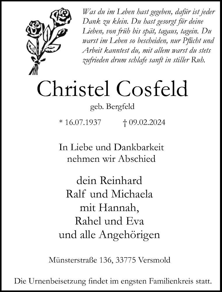  Traueranzeige für Christel Cosfeld vom 13.02.2024 aus Neue Westfälische