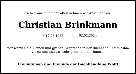 Traueranzeige von Christian Brinkmann von Neue Westfälische