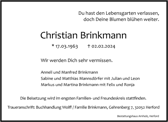 Traueranzeige von Christian Brinkmann von Neue Westfälische