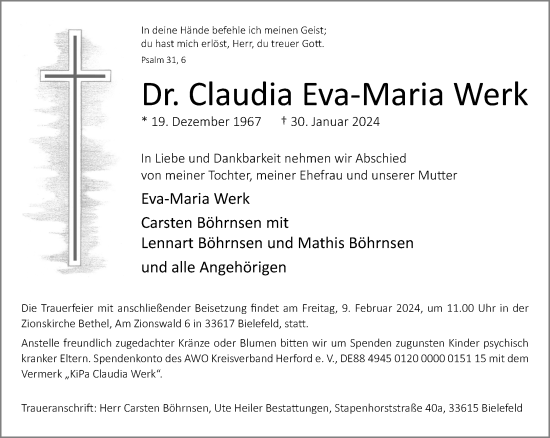 Traueranzeige von Claudia Eva-Maria Werk von Neue Westfälische