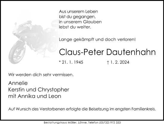 Traueranzeige von Claus-Peter Dautenhahn von Neue Westfälische