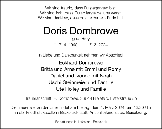 Traueranzeige von Doris Dombrowe von Neue Westfälische