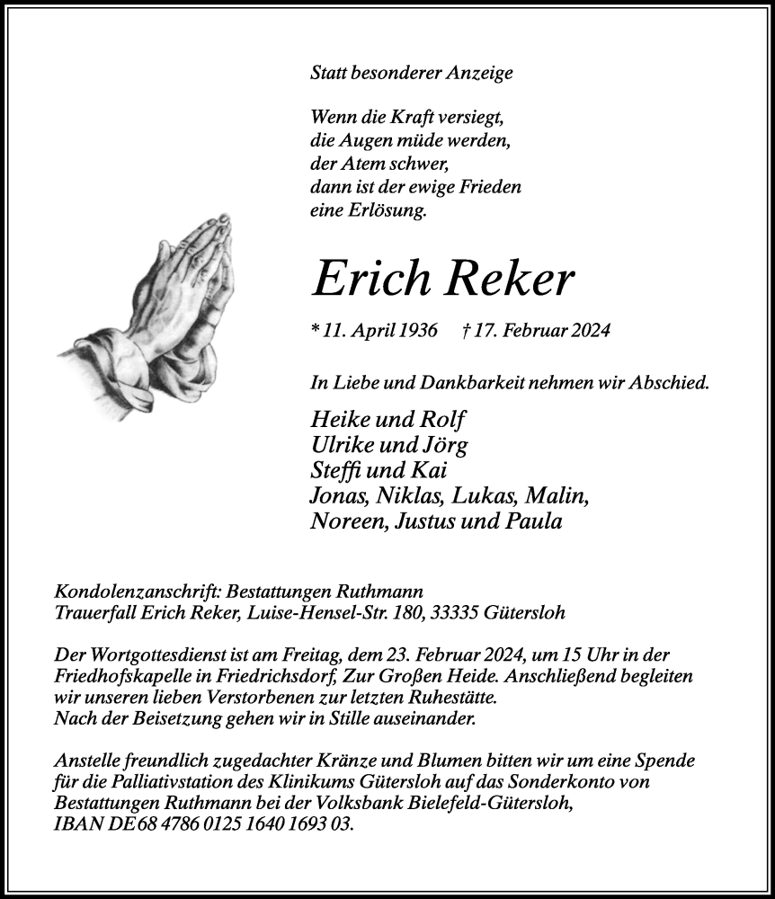  Traueranzeige für Erich Reker vom 21.02.2024 aus Neue Westfälische