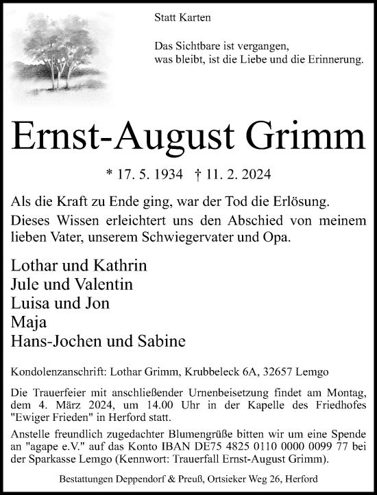 Traueranzeige von Ernst-August Grimm von Neue Westfälische
