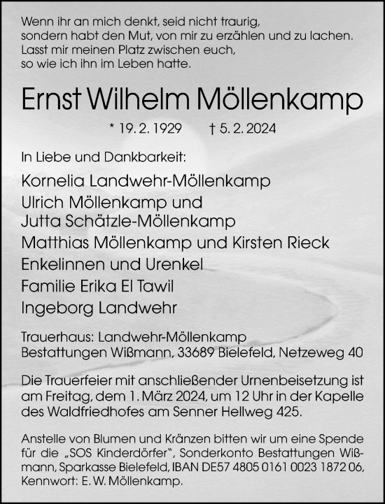 Traueranzeige von Ernst Wilhelm Möllenkamp von Neue Westfälische