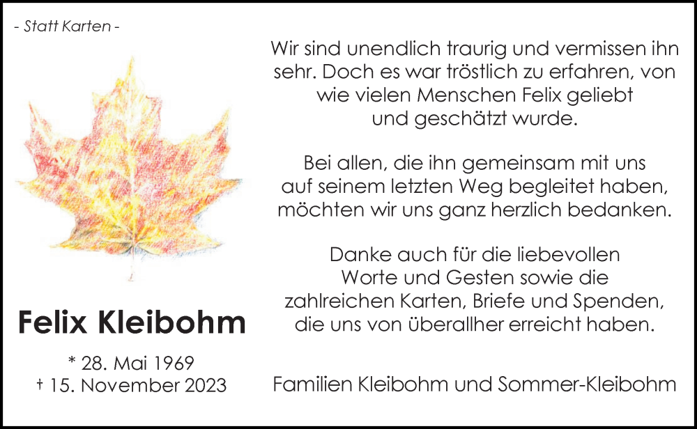  Traueranzeige für Felix Kleibohm vom 24.02.2024 aus Neue Westfälische