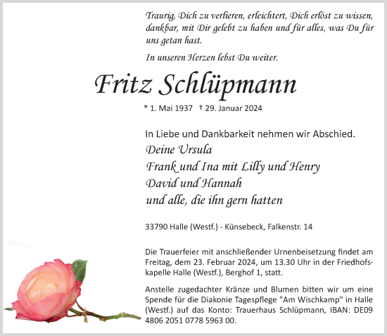 Traueranzeige von Fritz Schlüpmann von Neue Westfälische