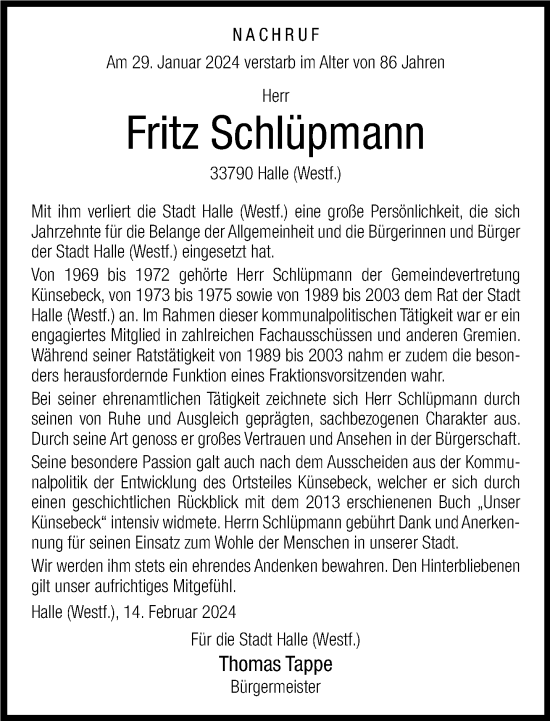 Traueranzeige von Fritz Schlüpmann von Neue Westfälische