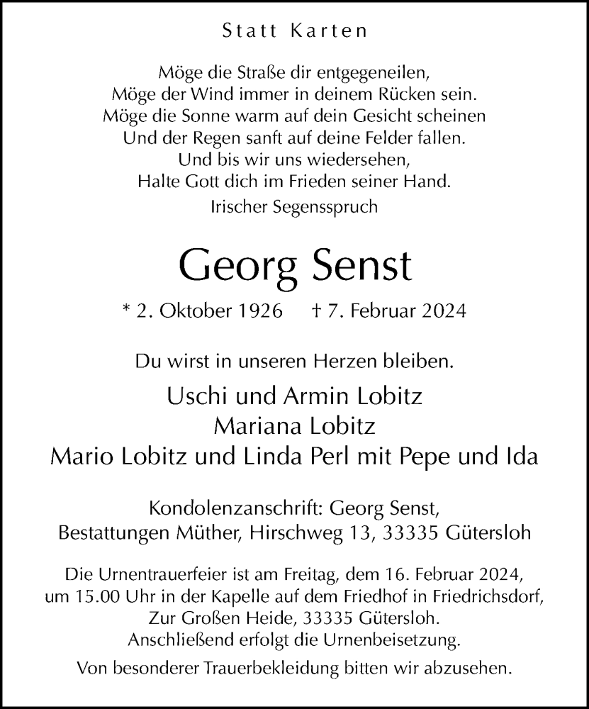  Traueranzeige für Georg Senst vom 10.02.2024 aus Neue Westfälische