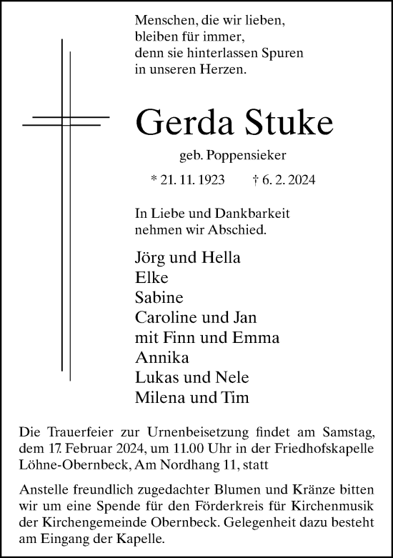 Traueranzeige von Gerda Stuke von Neue Westfälische