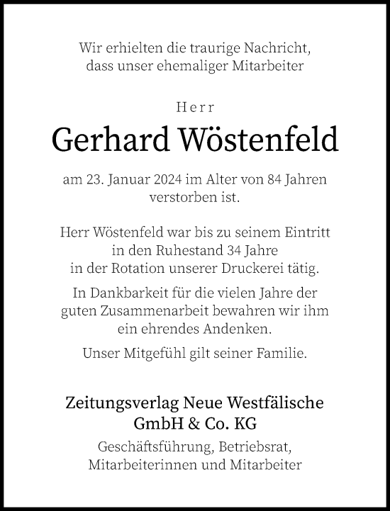 Traueranzeige von Gerhard Wöstenfeld von Neue Westfälische