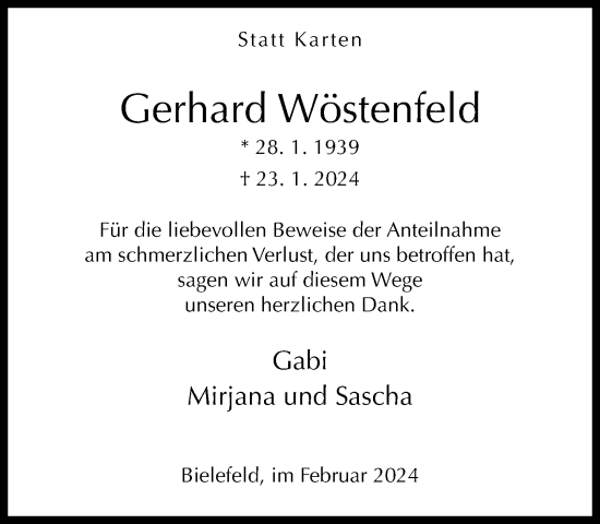 Traueranzeige von Gerhard Wöstenfeld von Neue Westfälische