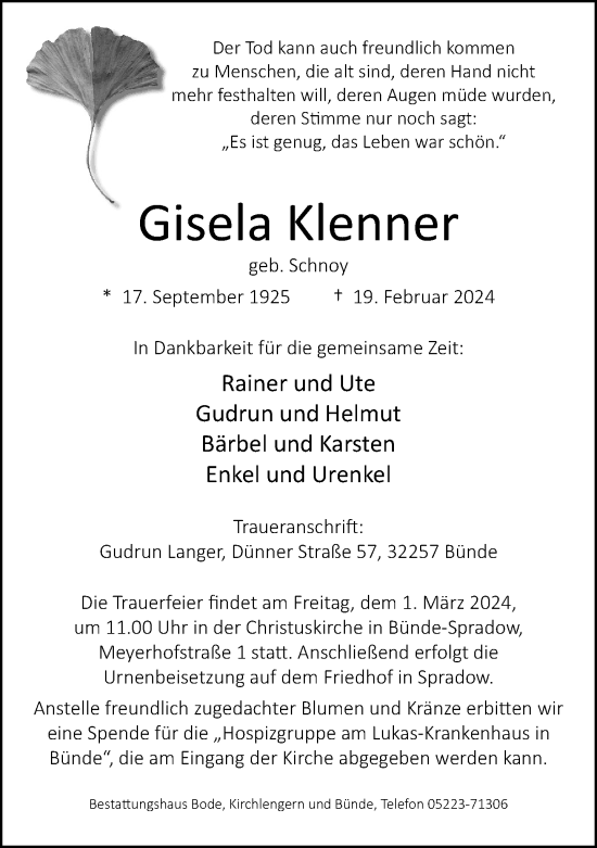 Traueranzeige von Gisela Klenner von Neue Westfälische