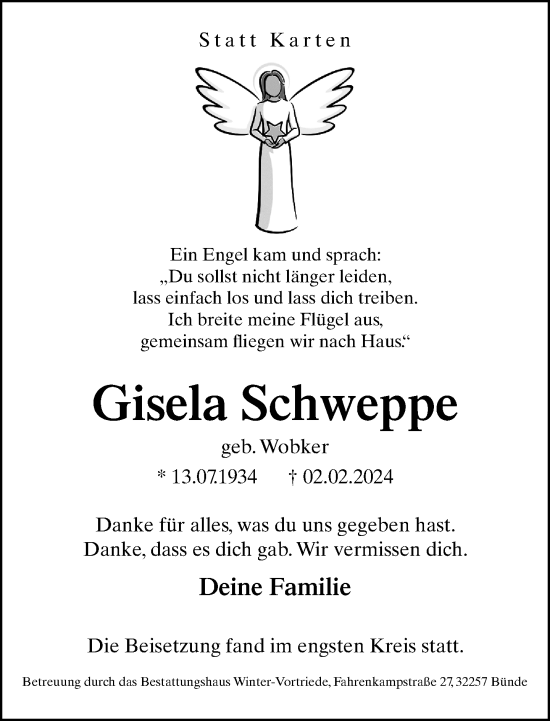 Traueranzeige von Gisela Schweppe von Neue Westfälische