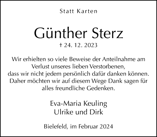 Traueranzeige von Günther Sterz von Neue Westfälische