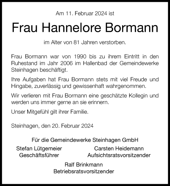 Traueranzeige von Hannelore Bormann von Neue Westfälische