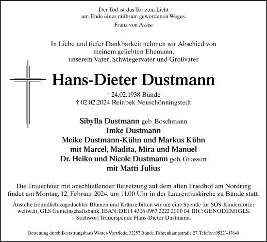 Traueranzeige von Hans-Dieter Dustmann von Neue Westfälische
