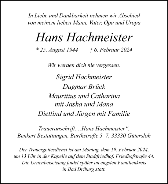Traueranzeige von Hans Hachmeister von Neue Westfälische