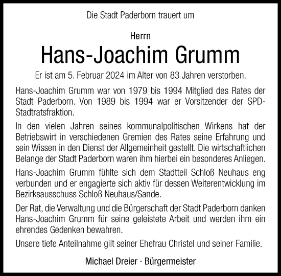 Traueranzeige von Hans-Joachim Grumm von Neue Westfälische