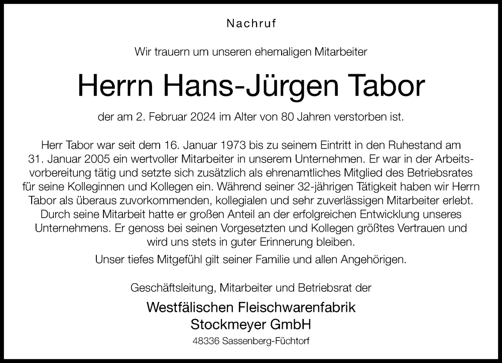  Traueranzeige für Hans-Jürgen Tabor vom 14.02.2024 aus Neue Westfälische
