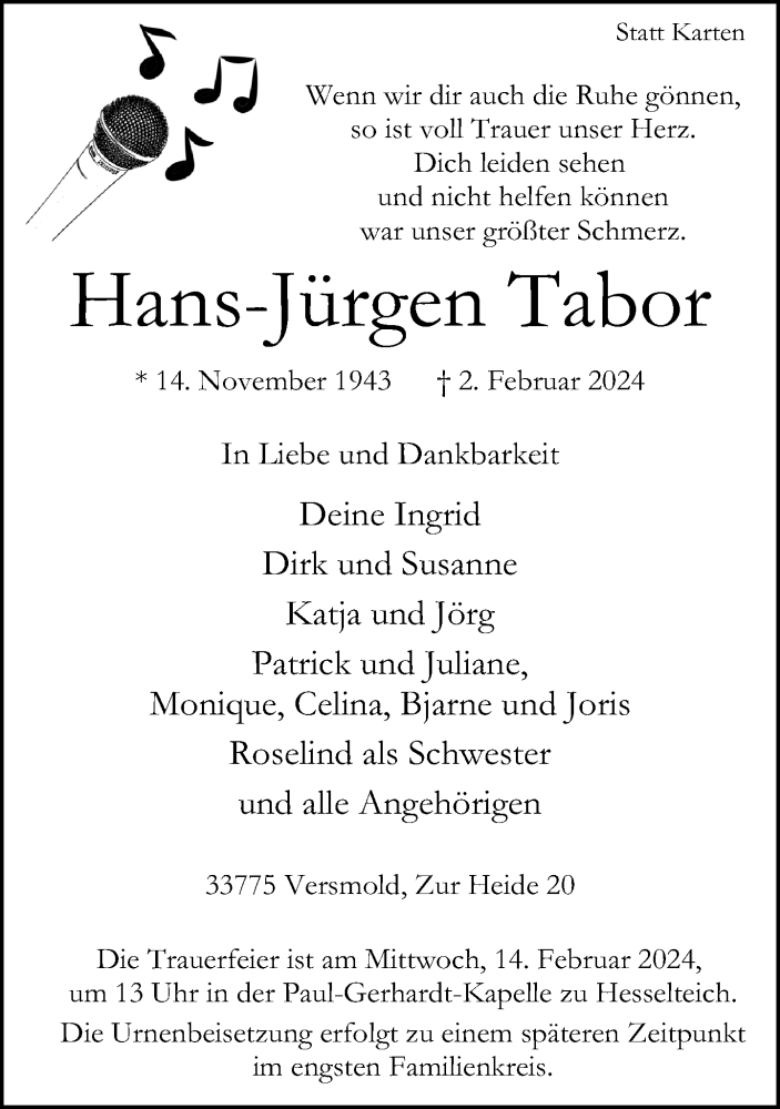  Traueranzeige für Hans-Jürgen Tabor vom 10.02.2024 aus Neue Westfälische