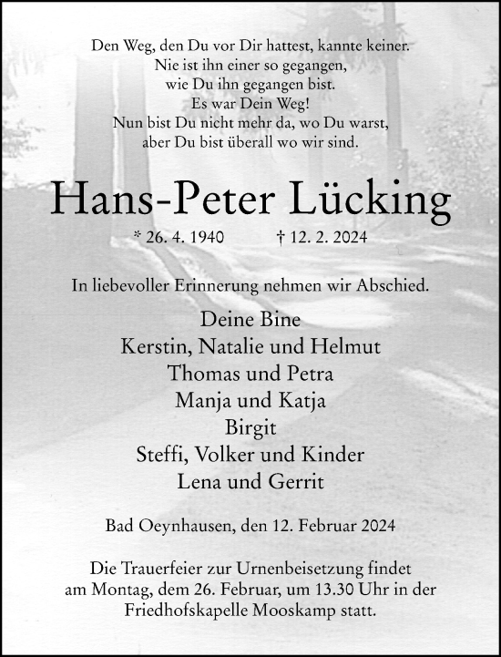 Traueranzeige von Hans-Peter Lücking von Neue Westfälische