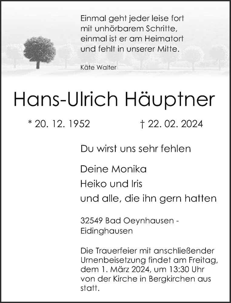  Traueranzeige für Hans-Ulrich Häuptner vom 27.02.2024 aus Neue Westfälische