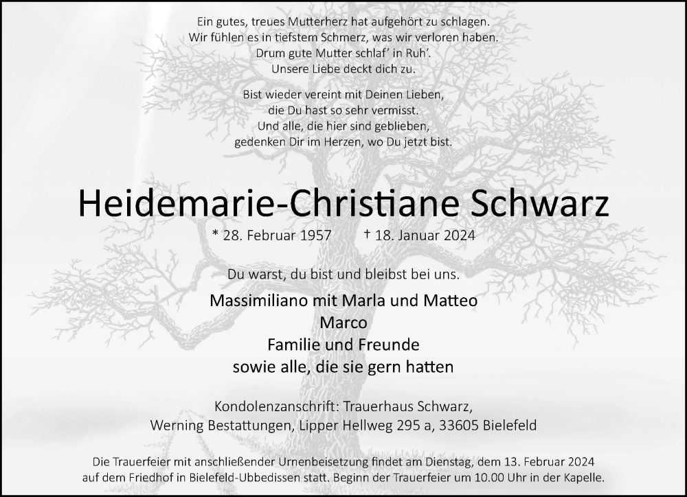  Traueranzeige für Heidemarie-Christiane Schwarz vom 03.02.2024 aus Neue Westfälische