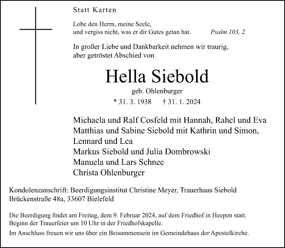  Traueranzeige für Hella Siebold vom 03.02.2024 aus Neue Westfälische