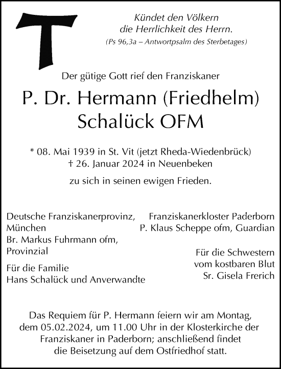 Traueranzeige von Hermann Friedhelm Schalück von Neue Westfälische