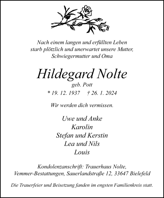 Traueranzeige von Hildegard Nolte von Neue Westfälische